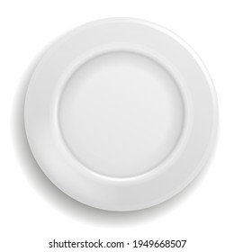White plate empty. Clean realistic ceramic porcelain plate top view, round shiny dish bowl from above, serving meal close up element for home restaurant or cafe vector 3d isolated illustration