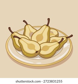 Um prato branco cheio de peras fatiadas, apresentando a sua textura suculenta e polpa amarela clara.