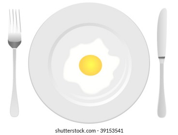 White plate with fork, knife and a egg