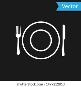 White Plate, fork and knife icon isolated on black background. Cutlery symbol. Restaurant sign.  Vector Illustration