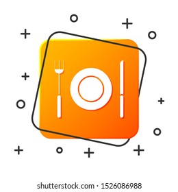 White Plate, fork and knife icon isolated on white background. Cutlery symbol. Restaurant sign. Orange square button. Vector Illustration
