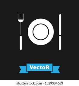 White Plate, fork and knife icon isolated on black background. Cutlery symbol. Restaurant sign.  Vector Illustration