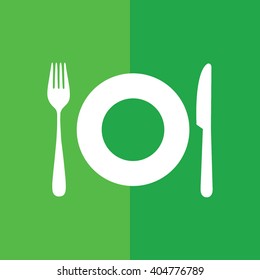 White plate fork knife icon vector illustration. Green background
