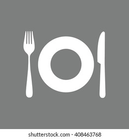 White plate fork knife icon vector illustration. Gray background