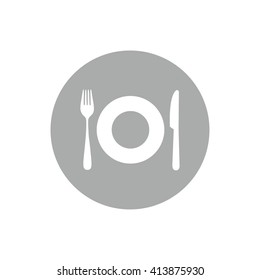 White plate fork knife icon vector illustration. Gray circle. Gray button