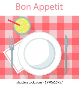 Platos blancos, tenedor y cuchillo sobre un mantel rojo. Cartel o cartel del restaurante. Verano picnic. Ilustración vectorial. 