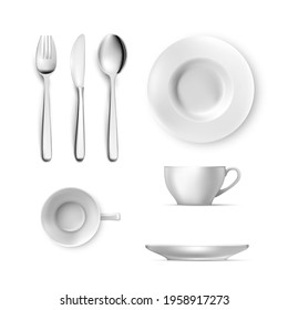 White plate, fork, knife, spoon, cup, table cutlery set, flat lay and side view. Empty dishes for dinner, breakfast or lunch vector illustration. Clean dining utensils isolated on white background.