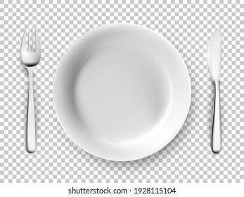 Plato blanco, tenedor, juego de cubiertos con cuchillos. Platos vacíos para la cena, el desayuno o el almuerzo ilustraciones vectoriales. Los utensilios de restauración están limpios, aislados en un fondo transparente, por encima de las vistas.