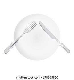 White Plate With Fork And Knife. Top View Isolated On A White Background.