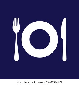 White plate fork knife vector icon illustration. Blue background