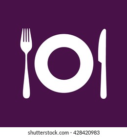 White plate fork knife vector icon illustration. Purple background