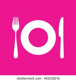 White plate fork knife vector icon illustration. Pink background