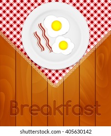 White Plate with Fried Eggs on Kitchen Napkin at Wooden Boards Background Vector Illustration EPS10