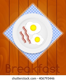 White Plate with Fried Eggs on Kitchen Napkin at Wooden Boards Background Vector Illustration EPS10