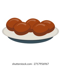A white plate holds five round, brown, baked goods, possibly cookies or small pastries, arranged closely together.