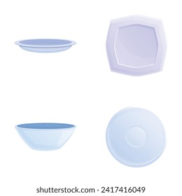 Iconos de placas blancas establecen el vector de dibujos animados. Plato de porcelana de diversas formas. Artículos de tocador de porcelana de cocina