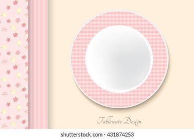 White Plate Isolated on pink Background. Vector. disposable tableware design. Mock up. shabby chic style pattern.