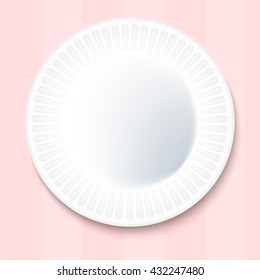 White Plate Isolated on pink Background. Vector. disposable tablewear. Clear tableware ready for pattern, texture, art or ornament presentation.