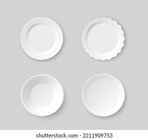 White plate isolated on transparent background. Kitchen dishes for food, plate clean for kitchen, porcelain dishware. Realistic tableware and kitchenware for serving. Vector illustration