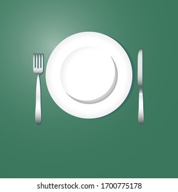 White plate with knife and fork on the sides. Vector illustration.