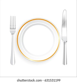 White Plate Knife and Fork on White Background