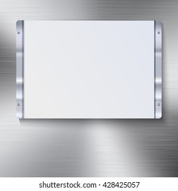 White plate with metal frame and bolts on the background of polished metal.. White banner and metal frame with reflexes. Technological background for your design