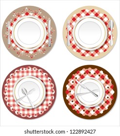 White plate on a checkered red tablecloth