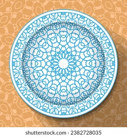 A white plate with an openwork blue ornament, located on a light brown patterned tablecloth. Vector illustration svg