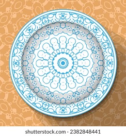 A white plate with an openwork blue ornament, located on a light brown patterned tablecloth. Pattern No. 8. Vector illustration svg