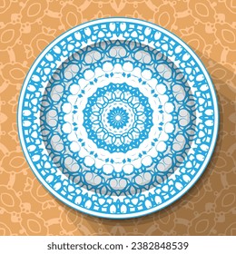 A white plate with an openwork blue ornament, located on a light brown patterned tablecloth. Pattern No. 7. Vector illustration svg