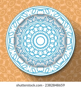 A white plate with an openwork blue ornament, located on a light brown patterned tablecloth. Pattern No. 5. Vector illustration svg