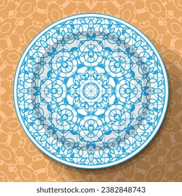 A white plate with an openwork blue ornament, located on a light brown patterned tablecloth. Pattern No. 2. Vector illustration svg