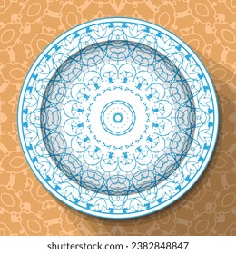 A white plate with an openwork blue ornament, located on a light brown patterned tablecloth. Pattern No. 4. Vector illustration svg