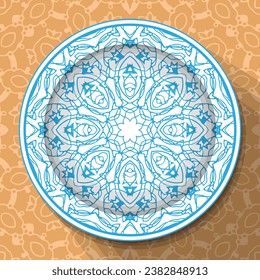 A white plate with an openwork blue ornament, located on a light brown patterned tablecloth. Pattern No. 6. Vector illustration svg