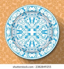A white plate with an openwork blue ornament, located on a light brown patterned tablecloth. Pattern No. 3. Vector illustration svg