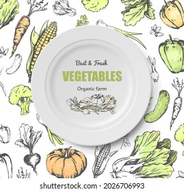 White plate with organic farm logo. Cooking organic food with natural ingredients. Round plate with inscription on background with vegetables. Dish for restaurant, kitchen utensil or dishware