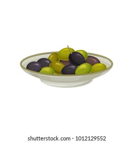 White plate of pickled black and green olives vector Illustration