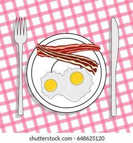 White plate with scrambled eggs and bacon on a tablecloth. Illustration on a theme of breakfast in a cafe, restaurant or at home. Vector illustration.