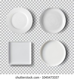 White plate set isolated on transparent background. Kitchen dishes, plate and dish clean for kitchen, porcelain dishware. Vector illustration for your product, food ads, tableware design element.