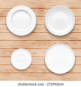 White plate set on wooden background. Kitchen dishware. Vector illustration.