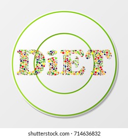 White plate silhouette with fruit and vegetables word diet