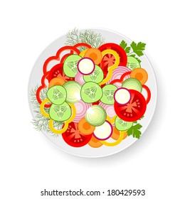 White plate with sliced cucumbers, tomatoes, Brussels sprouts, radishes, carrots, onions, bell peppers, parsley and dill