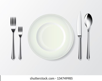 white plate, spoon, fork and knife photo-realistic vector