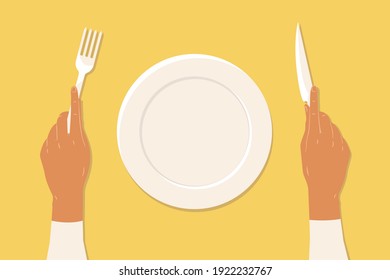 White plate top view. Hands holding fork and knife. Flat illustration. 