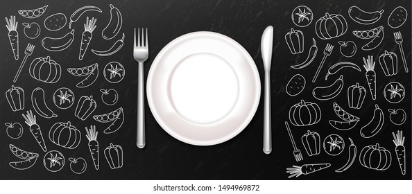 White plate Vector realistic. Menu template banner dinner. Dark background