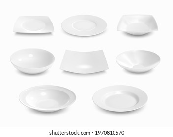 White plates, 3d vector ceramic dishes. Realistic empty soup and shallow bowls of round and square shapes for liquid and solid food. Tableware cutlery, dinner porcelain plates isolated mockup set