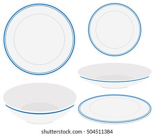 White plates with blue trim