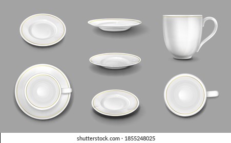 White plates and cups with gold border, realistic 3d ceramic mugs and dishes top and side view. Empty porcelain tableware, cutlery for food and drink mockup, vector illustration, isolated icons set