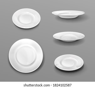White plates, realistic 3d ceramic dishes top and side view collection. Empty bowls for food, tableware cutlery, dinner porcelain mockup vector illustration, icons set isolated on grey background
