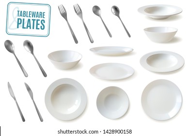 White plates, tableware and silverware. Realistic style.  Pure line simple form collection of isolated items on white background. Cutlery in a minimalist style. Vector